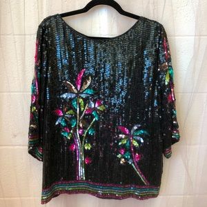 Vintage Creative Creations Black Sequined Silk Blouse with Palm Trees
